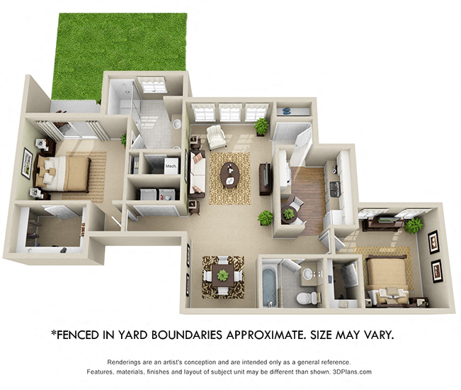 Floor plan for 2 beds, 2 baths, 1162 sqft